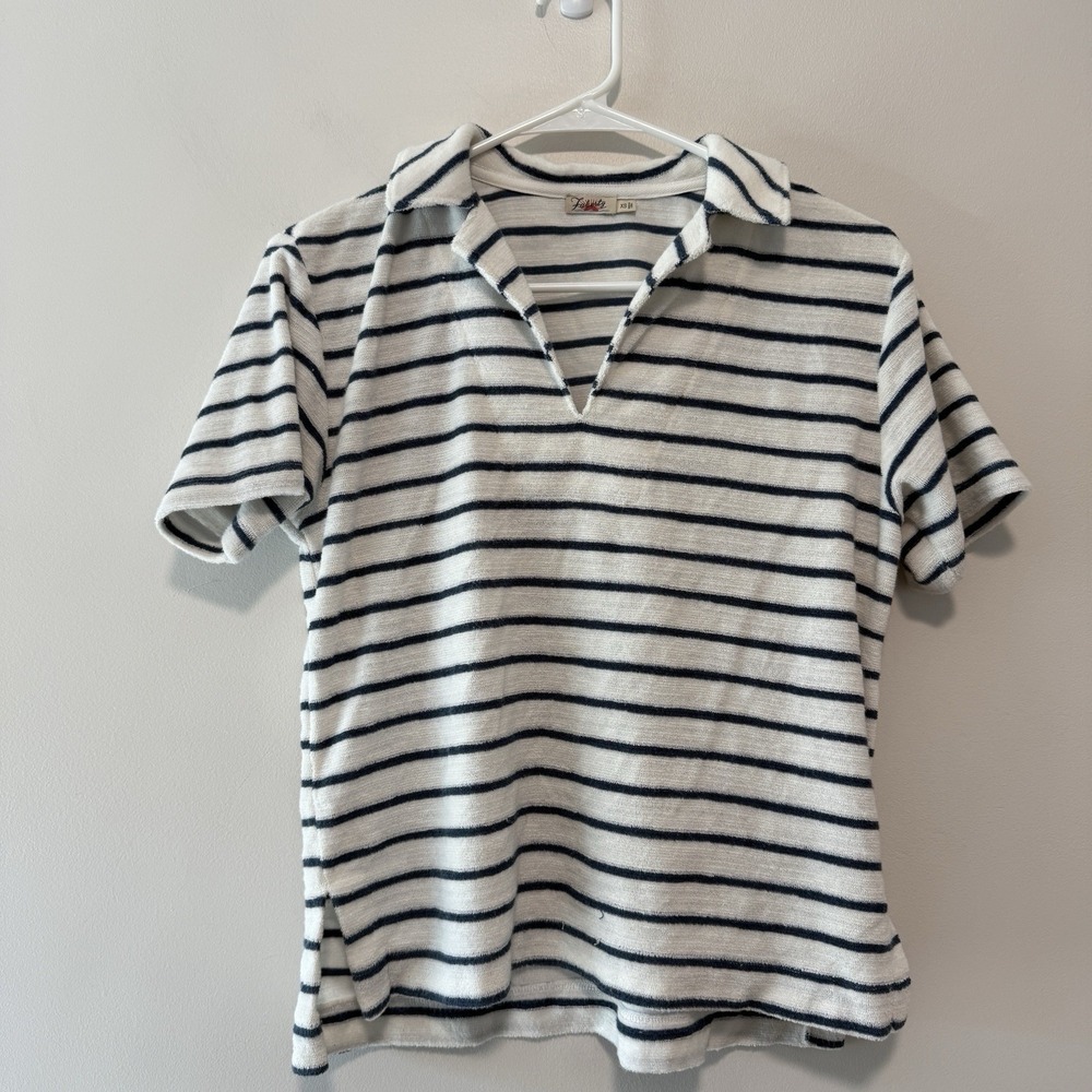 Faherty White Terry Blue Stripe Johnny Collar Polo T-Shirt Size‎ XS
